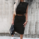 LANFUBEISI Fashion Lady Skirt Suits Sexy Sleeveless Tops And Casual Drawstring Skirts Outfits Summer Women Two Piece Sets Streetwear Lanfubeisi