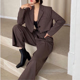 LANFUBEISI Office Lady Blazer Suits Vintage Two Piece Set Women Long Sleeve Short Blazer + High Waist Wide Leg Long Pants 2 Piece Outfits Lanfubeisi