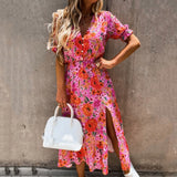 Summer New arrival Floral Pattern Slim Dress Casual Short Sleeve High Waist Dresses Female Sexy V-Neck Outdoor Colorful Dresses Lanfubeisi