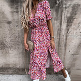 Summer New arrival Floral Pattern Slim Dress Casual Short Sleeve High Waist Dresses Female Sexy V-Neck Outdoor Colorful Dresses Lanfubeisi