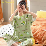 LANFUBEISI Summer Home Clothing M-5XL Big Size Ladies's Pajamas Green Patchwork Sleeves Cartoon Printing Plus Size Women's Sleepwear Lanfubeisi