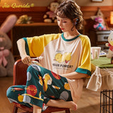 LANFUBEISI Summer Home Clothing M-5XL Big Size Ladies's Pajamas Green Patchwork Sleeves Cartoon Printing Plus Size Women's Sleepwear Lanfubeisi