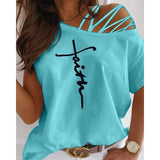 New Summer Off Shoulder Casual Short Sleeved T Shirts Women's Sexy Letter Printed Oversize Plus Size Fashion Clothes Tops Lanfubeisi