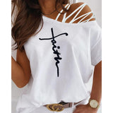 New Summer Off Shoulder Casual Short Sleeved T Shirts Women's Sexy Letter Printed Oversize Plus Size Fashion Clothes Tops Lanfubeisi