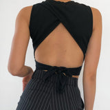 Tied Backless Slim Solid Sleeveless Crop Top 2021 Summer Sexy Skinny Simple Trim Outfits Mock Neck Basics Tank Top Lanfubeisi