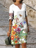 2021 New Woman Vintage Floral Print Dress Summer Fashion Slim V-Neck Half Sleeve Midi Dresses Female Elegant A-Line Beach Dress Lanfubeisi