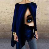 Women O Neck Long Sleeve Loose T-Shirts Female Oversized Tops Tees Vintage Tops Abstract Face Print Irregular Shirt Plus Fashion Lanfubeisi