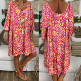 Helisopus Summer Plus Size Women Boho Floral Print Dress Casual Loose Deep V Neck Holiday Beach Shirt Dress Vestido Lanfubeisi