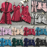 LANFUBEISI 4 Pieces 2021 Women Pajamas Sets Satin Sleepwear Silk Nightwear Pyjama Soild Strap Lace Sleep Lounge Pijama With Chest Pads Lanfubeisi