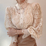 LANFUBEISI New Sweet Hollow Out Lace Patchwork Women Blouse Chic Button White Top Petal Sleeve Flower Stand Collar Shirt Blusas 12419 Lanfubeisi