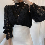 LANFUBEISI New Sweet Hollow Out Lace Patchwork Women Blouse Chic Button White Top Petal Sleeve Flower Stand Collar Shirt Blusas 12419 Lanfubeisi