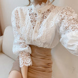 LANFUBEISI New Sweet Hollow Out Lace Patchwork Women Blouse Chic Button White Top Petal Sleeve Flower Stand Collar Shirt Blusas 12419 Lanfubeisi