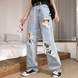 LANFUBEISI New High Waist Ripped Jeans Women's hip hop Loose Jeans 5XL Women Pants Vintage Female Torn Trousers Streetwear KZ69