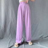LANFUBEISI 170-175cm Spring Autumn Wide Leg Pants Women Elastic Waist Pants Elegant Office Ladies Khaki Trousers Plus Length Purple Gray Lanfubeisi