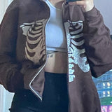 LANFUBEISI Rhinestone Skeleton Zip Up Oversized Sweatshirts 2022 Summer Goth Hoodies Women Grunge Hooded Jacket Streetwear Retro Clothe LANFUBEISI