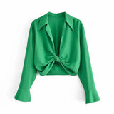 XIKOM 2021 Summer Women Vintage Elegant Green Shirt Female Sexy V Neck Streetwears Blouses Casual Tie Slim Shirt Chic Blusas Top Lanfubeisi