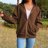 LANFUBEISI Brown Zip Up Hooded Sweatshirts Women 2021 Vintage Pockets Oversized Jacket Coat Autumn Female Y2K Aesthetic Long Sleeve Hoodie LANFUBEISI