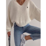 LANFUBEISI Knitted Loose Women Sweater Solid Casual V Neck Long Sleeve Pullover Sweaters 2022 Autumn Winter Embroidery Sweater Oversize Top LANFUBEISI