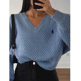 LANFUBEISI Knitted Loose Women Sweater Solid Casual V Neck Long Sleeve Pullover Sweaters 2022 Autumn Winter Embroidery Sweater Oversize Top LANFUBEISI