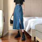 LANFUBEISI Summer Women Korean Style Fashion Long Jeans Midi Loose Skirts Dark Light Blue Split High Waist Denim Vintage Female Fall