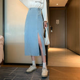 LANFUBEISI 2021 Summer Women Korean Style Fashion Long Jeans Midi Loose Skirts Dark Light Blue Split High Waist Denim Vintage Female Fall LANFUBEISI