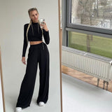 LANFUBEISI 2021 Autumn Winter Women Solid Casual Fitness Tracksuit Set Outfits Long Sleeve Crop Tops Trouser Flare Pants 2 Two Piece Set LANFUBEISI