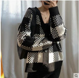 LANFUBEISI Korean Loose Winter Ladies Cardigan V-neck Check Plaid Coat Knitted Women's Sweater Long Sleeve Women Jacket QT1028 LANFUBEISI