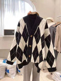 LANFUBEISI Korean Loose Winter Ladies Cardigan V-neck Check Plaid Coat Knitted Women's Sweater Long Sleeve Women Jacket QT1028 LANFUBEISI