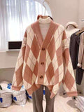 LANFUBEISI Korean Loose Winter Ladies Cardigan V-neck Check Plaid Coat Knitted Women's Sweater Long Sleeve Women Jacket QT1028 LANFUBEISI