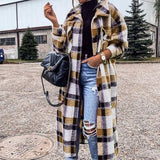 LANFUBEISI Autumn Winter Plaid Women's Long Coat Women Lapel Single Breasted Slim Cardigan Coat Turndown Collar Women Windproof Coat LANFUBEISI