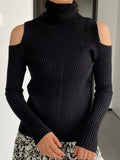 LANFUBEISI - Ribbed Splice High Neck Cutout Sweater