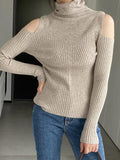 LANFUBEISI - Ribbed Splice High Neck Cutout Sweater LANFUBEISI