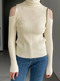 LANFUBEISI - Ribbed Splice High Neck Cutout Sweater LANFUBEISI