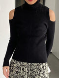 LANFUBEISI - Ribbed Splice High Neck Cutout Sweater LANFUBEISI