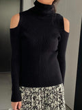 LANFUBEISI - Ribbed Splice High Neck Cutout Sweater LANFUBEISI