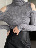 LANFUBEISI - Ribbed Splice High Neck Cutout Sweater LANFUBEISI