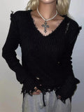 LANFUBEISI - Ribbed Tattered V Neck Sweater