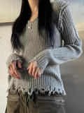 LANFUBEISI - Ribbed Tattered V Neck Sweater LANFUBEISI