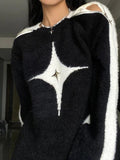 LANFUBEISI - Star Decor Zipper Cutout Loose Sweater