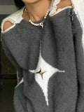 LANFUBEISI - Star Decor Zipper Cutout Loose Sweater LANFUBEISI