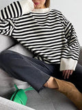 LANFUBEISI - Stripe Drop Shoulder Slit Loose Sweater LANFUBEISI