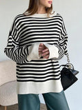 LANFUBEISI - Stripe Drop Shoulder Slit Loose Sweater LANFUBEISI