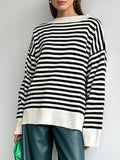 LANFUBEISI - Stripe Drop Shoulder Slit Loose Sweater LANFUBEISI