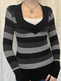 LANFUBEISI - Stripe Splice V Neck Slim Sweater LANFUBEISI