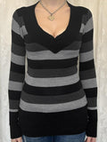 LANFUBEISI - Stripe Splice V Neck Slim Sweater LANFUBEISI