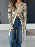 LANFUBEISI - Stripe V Neck Breasted Knit Long Cardigan LANFUBEISI