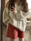 LANFUBEISI - V Neck Pullover Cable Knit Sweater LANFUBEISI