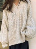 LANFUBEISI - V Neck Pullover Cable Knit Sweater LANFUBEISI